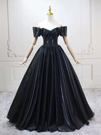 A-Line Off Shoulder Satin Black Long Prom Dress, Black Long Evening Dress