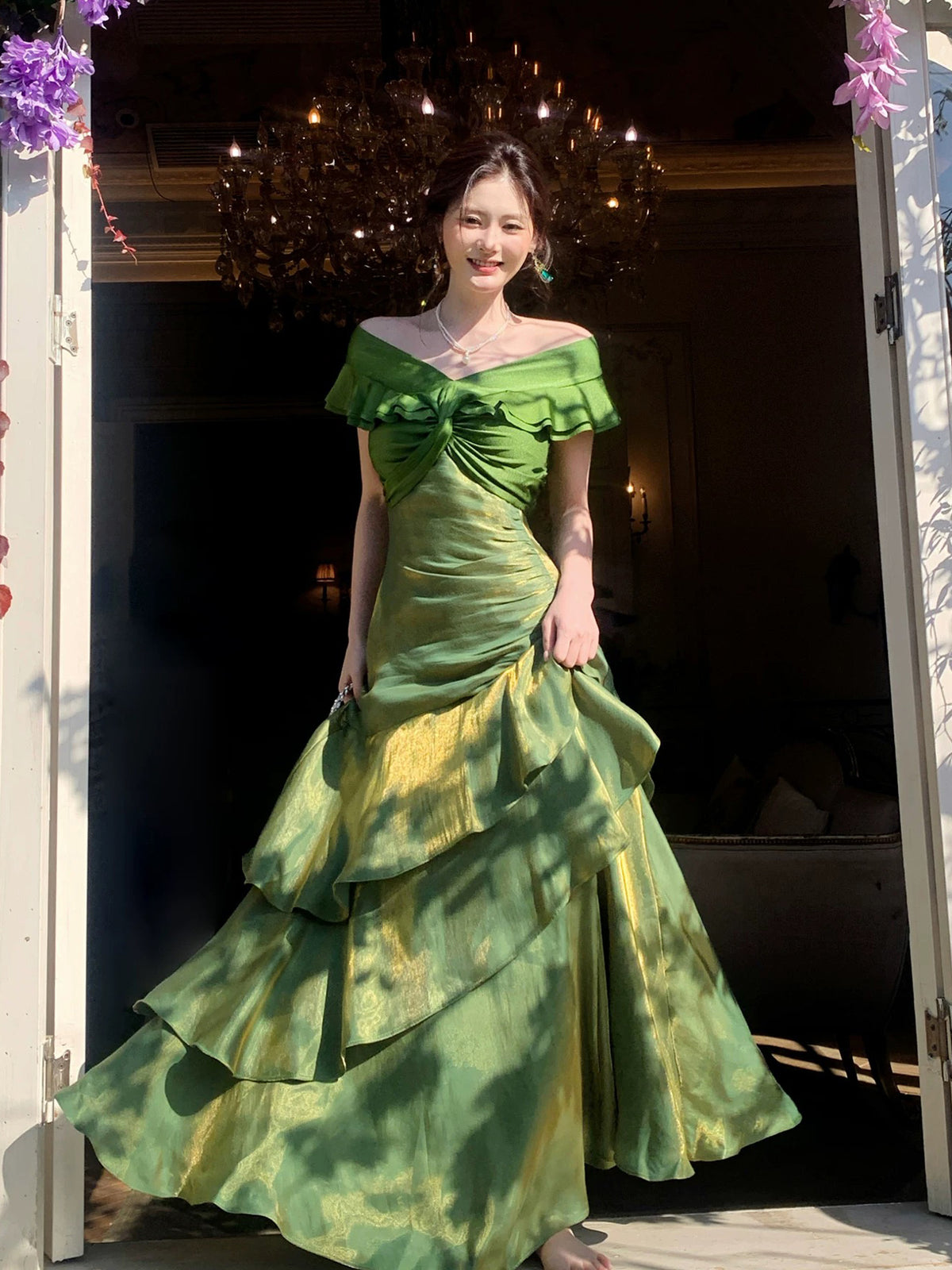 Mermaid Off Shoulder Silk Floor Length Green Prom Dress