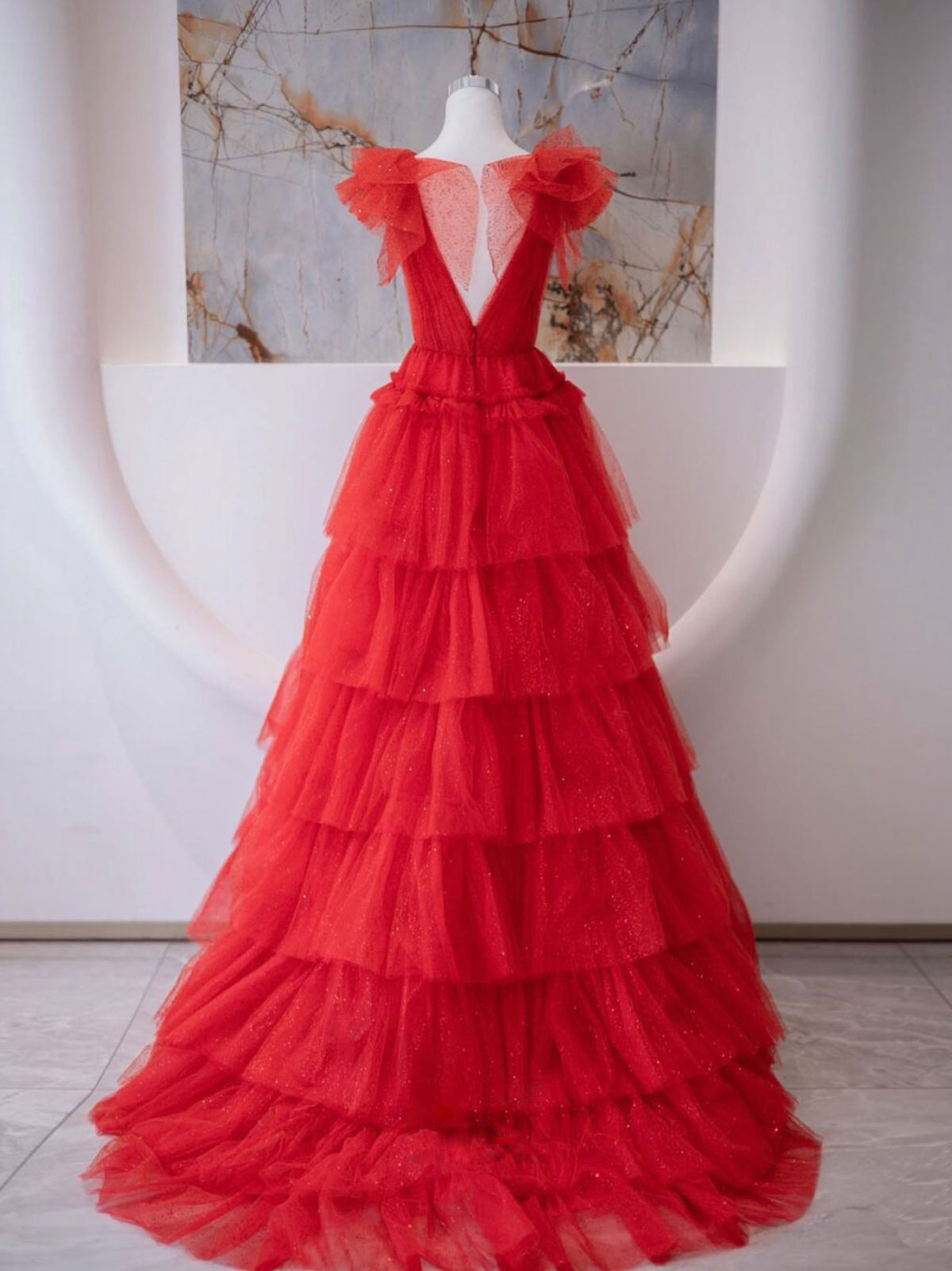 A-Line V Neck Tulle Red Long Prom Dress, Red Formal Evening Dress toptby A-Line V Neck Tulle Red Long Prom Dress, Red Formal Evening Dress toptby