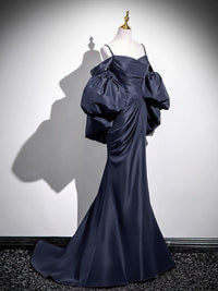 A-line V Neck Satin Puff Sleeves Sweep Train Dark Blue Prom Dress