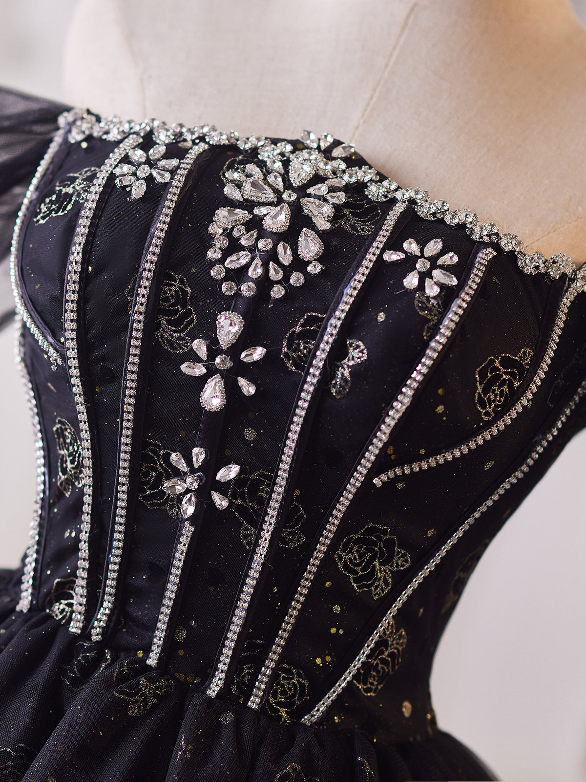 A-Line Off Shoulder Tulle Beads Black Short Prom Dress, Black Homecoming Dress