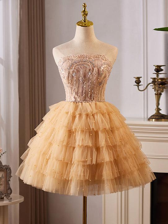 A-Line Tulle Lace Champagne Short Prom Dress, Champagne Homecoming Dress