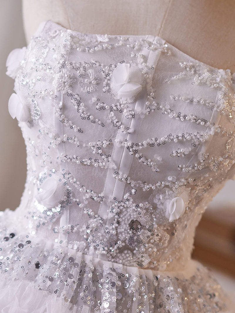 A-Line Sequin Beads White Short Prom Dress, White Homecoming Dress