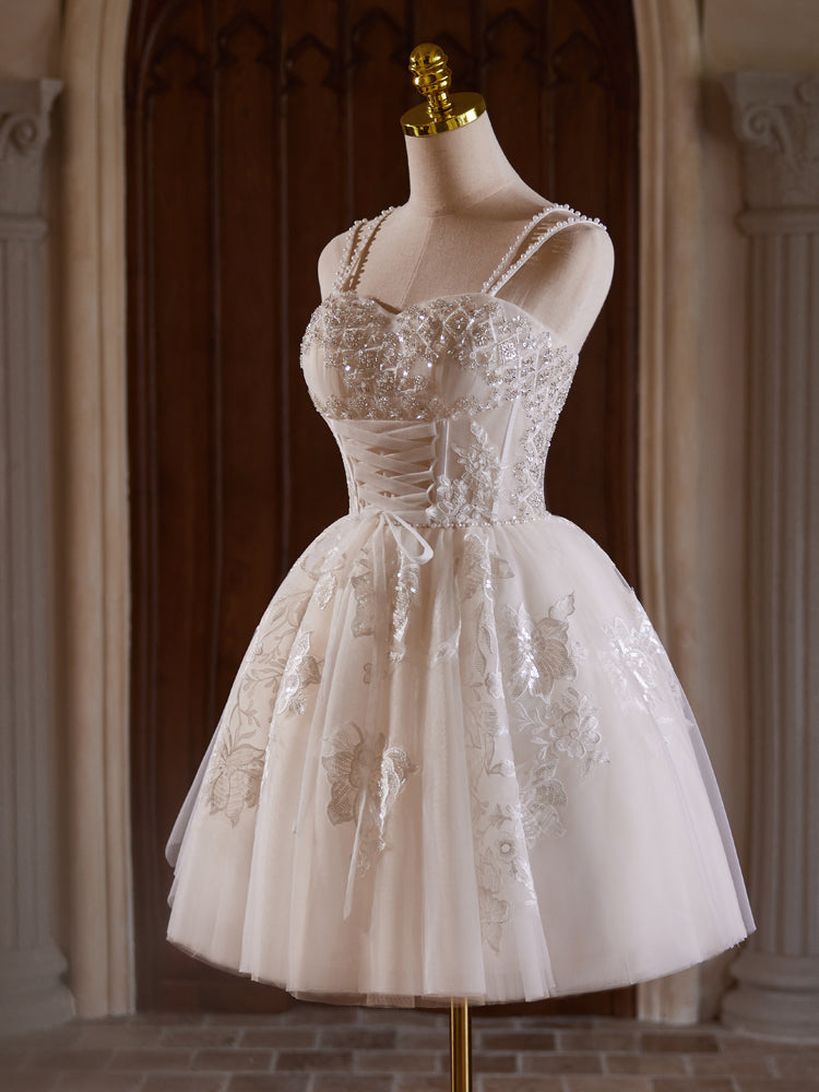 A-Line Sweetheart Neck Tulle Lace Light Champagne Short Prom Dress wit toptby A-Line Sweetheart Neck Tulle Lace Light Champagne Short Prom Dress wit toptby