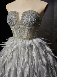 Gray Sweetheart Neck Tulle Beads Feather Short Prom Dress, Cute Gray Homecoming Dress