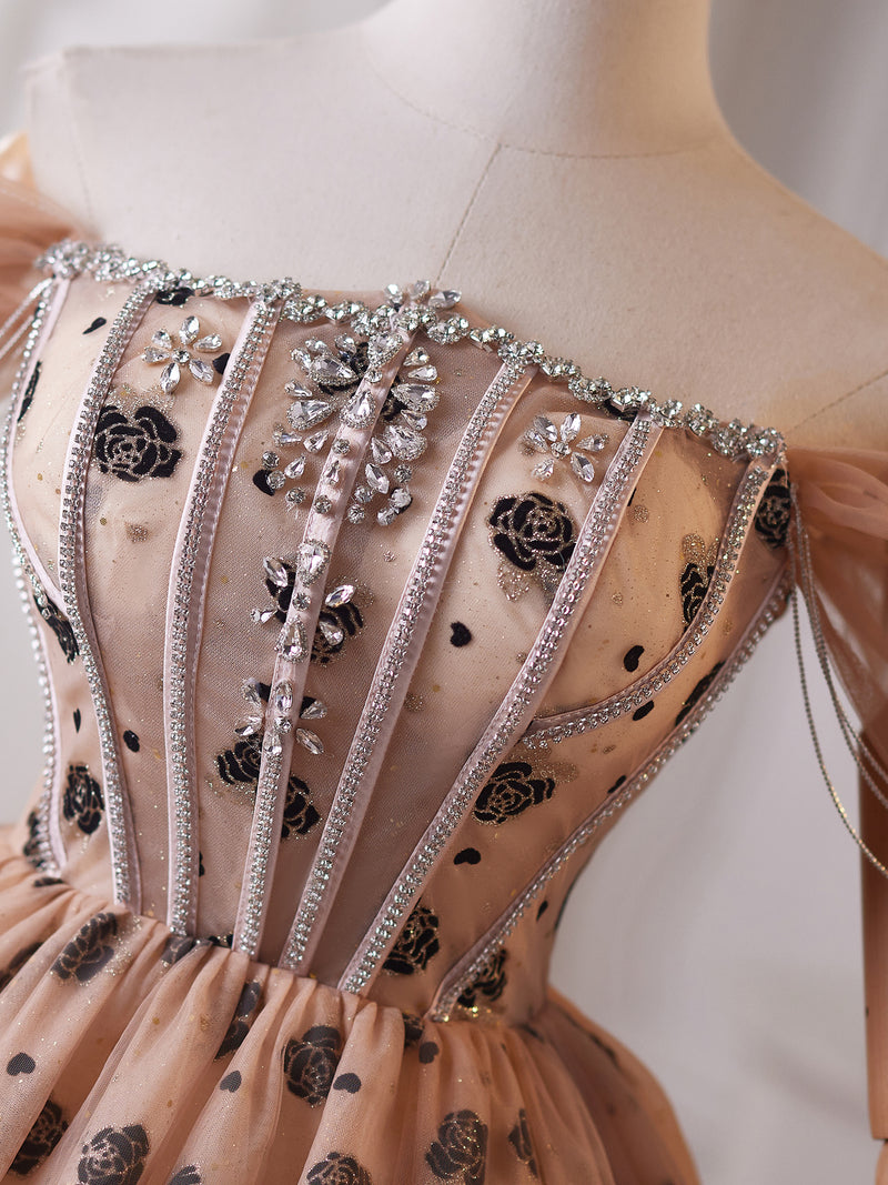 A-Line Off Shoulder Beads Champagne Short Prom Dress, Champagne Homecoming Dress