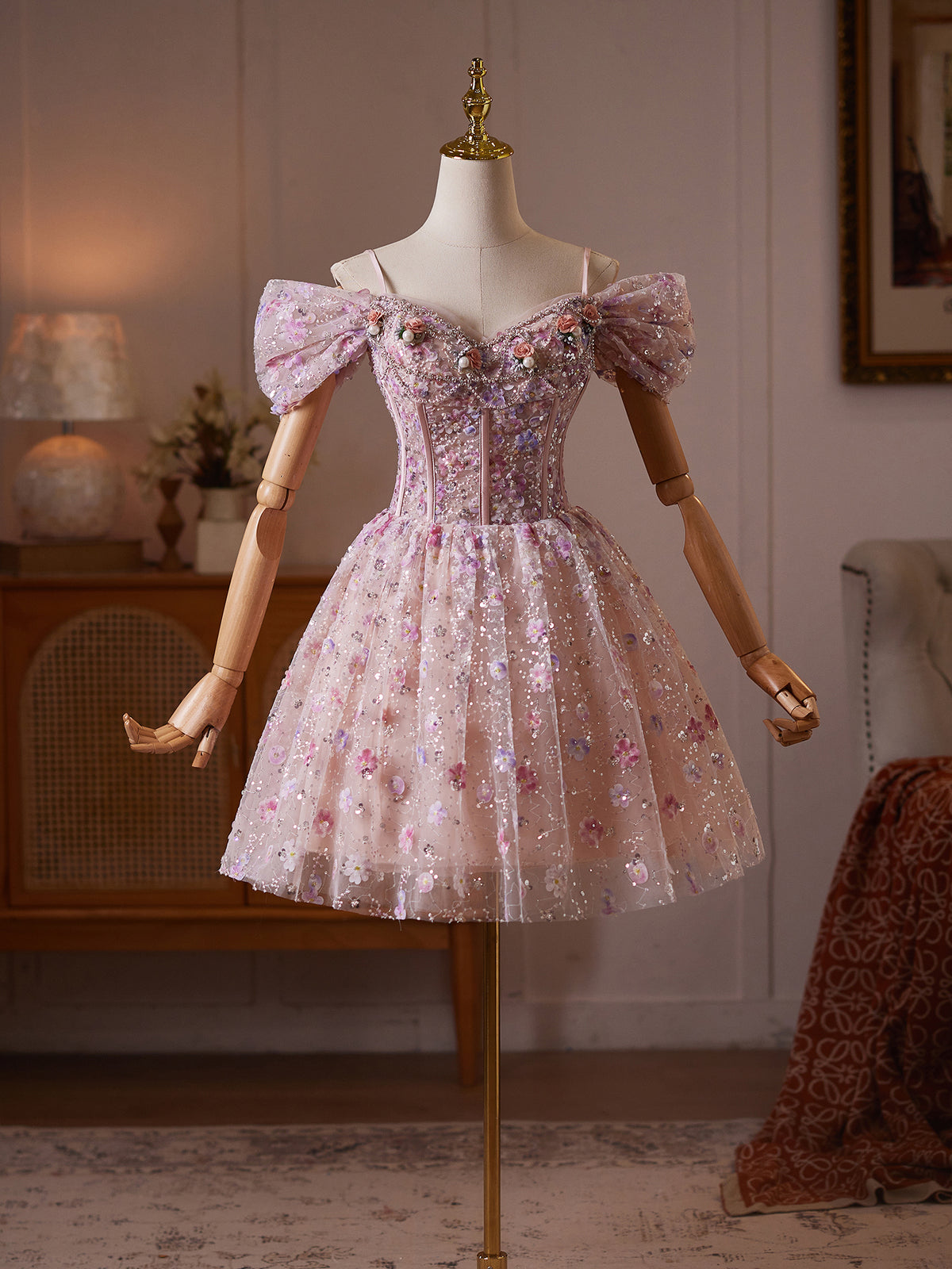 Unique Off Shoulder Tulle Sequin Pink Short Prom Dress with Beads