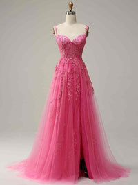 Pink Lace Long Prom Dress