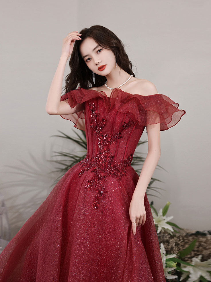A-Line Off Shoulder Tulle Sequin Lace Burgundy Long Prom Dress, Burgundy Long Formal Dress