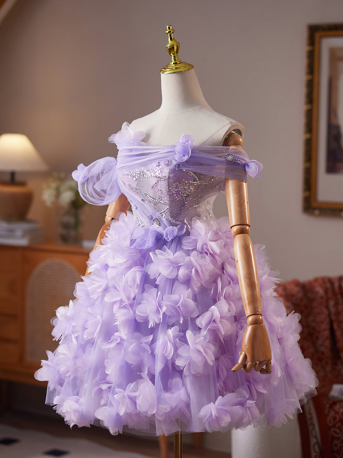 Purple Tulle 3D Flower Purple Short Prom Dress, Purple Homecoming Dress