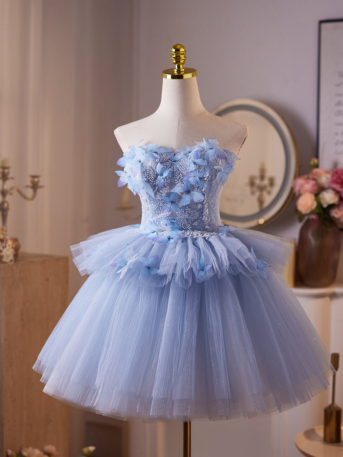 A-Line Sweetheart Neck Tulle Blue Short Prom Dress, Blue Homecoming Dress