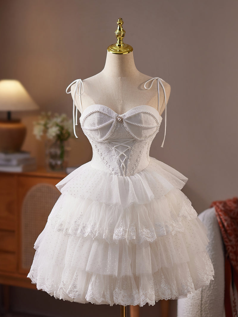 A-Line Sweetheart Neck Tulle Lace White Short Prom Dress