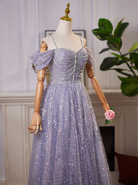 A-Line Sweetheart Neck Off Shoulder Tulle Sequin Gray Blue Long Prom Dress