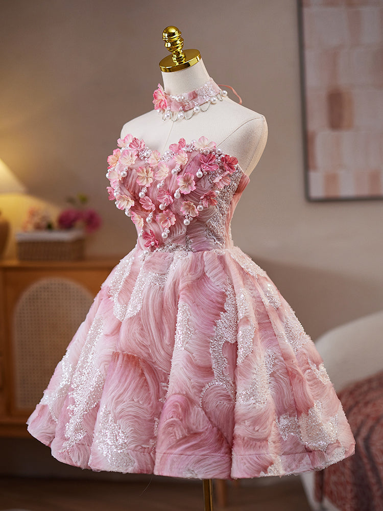 A-Line Pink Lace Flower Pink Short Prom Dress, Pink Homecoming Dress
