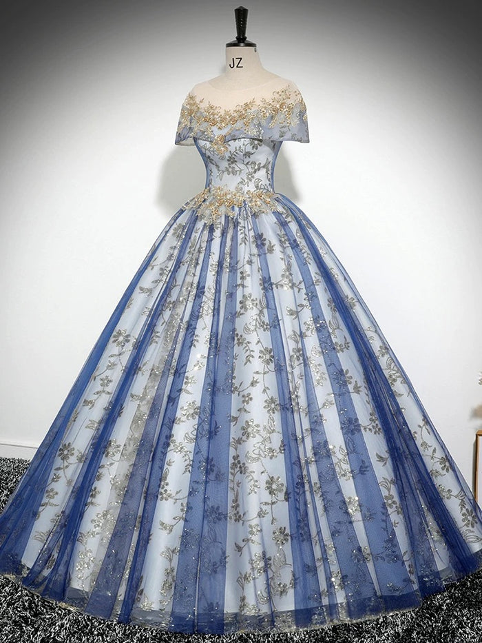A-Line Tulle Lace Blue Long Prom Dress, Blue Long Evening Dress