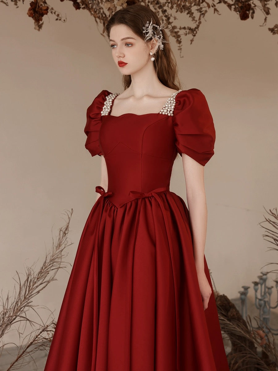 A-Line Satin Burgundy Long Prom Dress, puff sleeves Long Burgundy Form toptby A-Line Satin Burgundy Long Prom Dress, puff sleeves Long Burgundy Form toptby