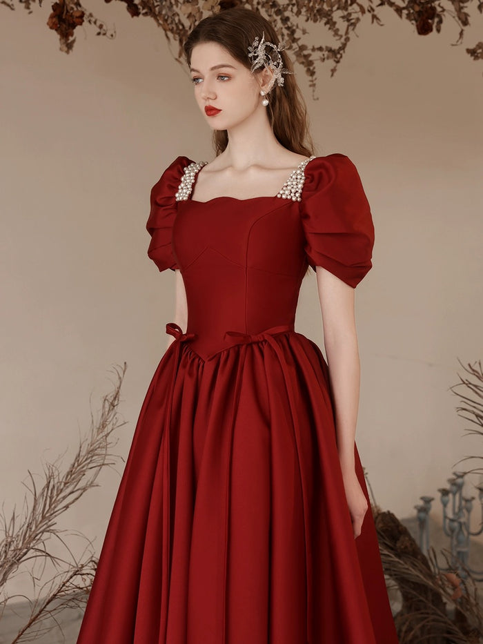 A-Line Satin Burgundy Long Prom Dress, puff sleeves Long Burgundy Formal Dress