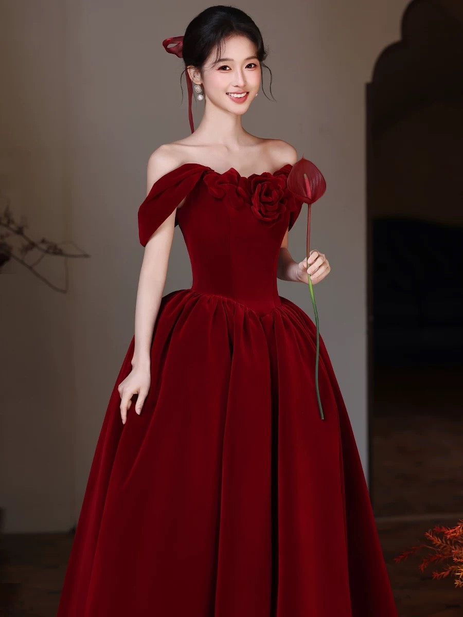 A-line Sweetheart Neck Off Shoulder Floor Length Burgundy Prom Dress