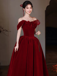 A-line Sweetheart Neck Off Shoulder Floor Length Burgundy Prom Dress