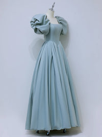 A-Line  Puff Sleeves Satin Blue Long Prom Dress, Blue Long Formal Dress