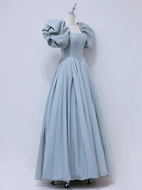 A-Line  Square Neckline Puff sleeves Long Blue Prom Dress, Blue Long Formal Dress