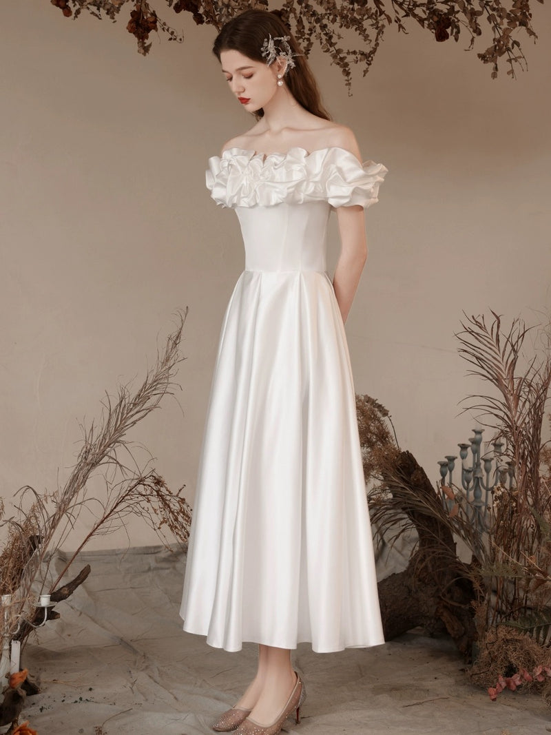 A-Line Off Shoulder Satin Tea Length White Prom Dress, White Formal Dr toptby A-Line Off Shoulder Satin Tea Length White Prom Dress, White Formal Dr toptby