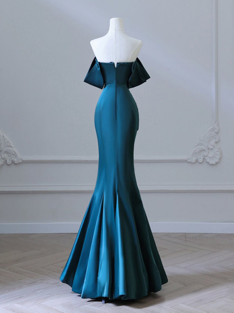 Simple Off Shoulder Satin Ink Blue Long Prom Dress, Ink Blue Long Form ...