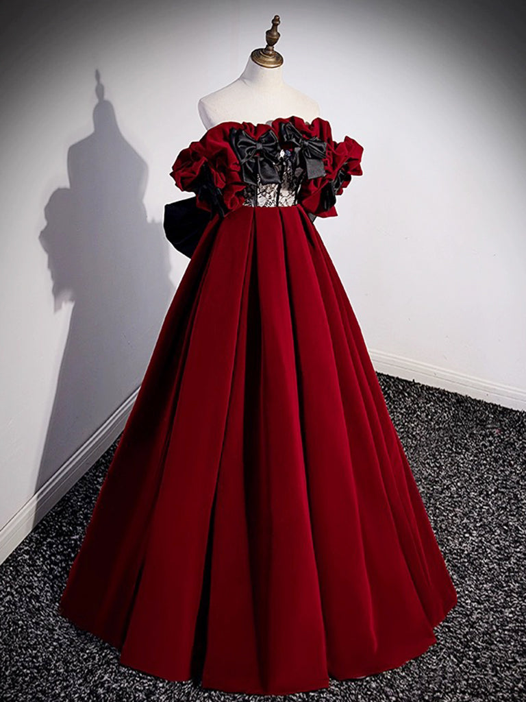 A-Line Off Shoulder Velvet Lace Burgundy Long Prom Dress, Burgundy Lon ...