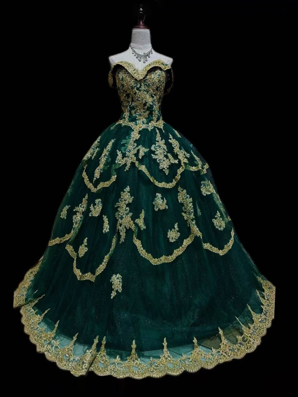 A-Line Tulle Lace Emerald Green Long Prom Dress, Green Sweet 16 Dress