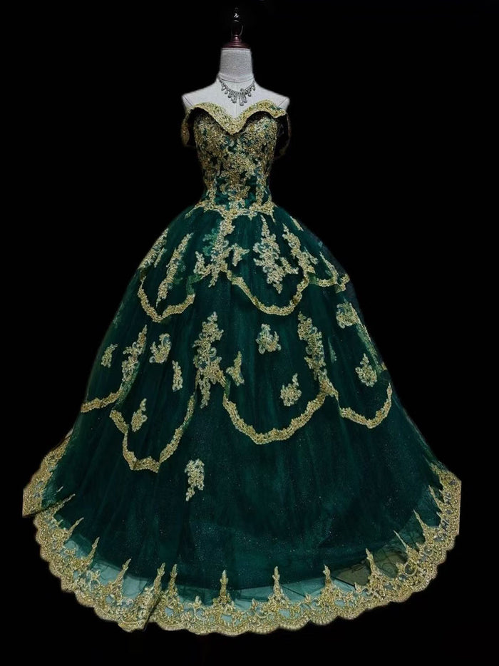 A-Line Tulle Lace Emerald Green Long Prom Dress, Green Sweet 16 Dress