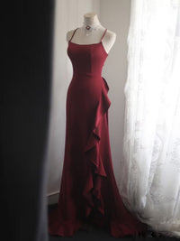 Simple A-Line Ruffles Burgundy Long Prom Dress, Burgundy Party Dress