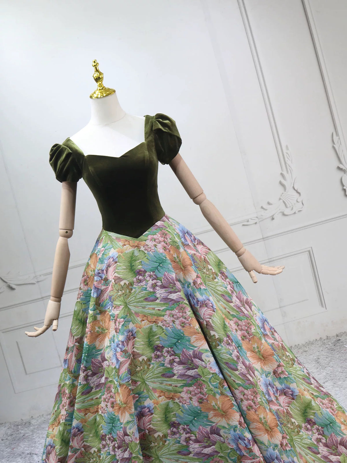 A-Line Short Sleeves Green Long Prom Dress, Printed Satin Green Long Evening Dress