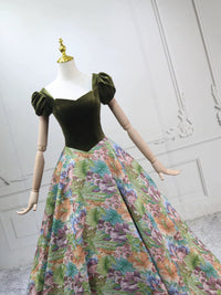 A-Line Short Sleeves Green Long Prom Dress, Printed Satin Green Long Evening Dress
