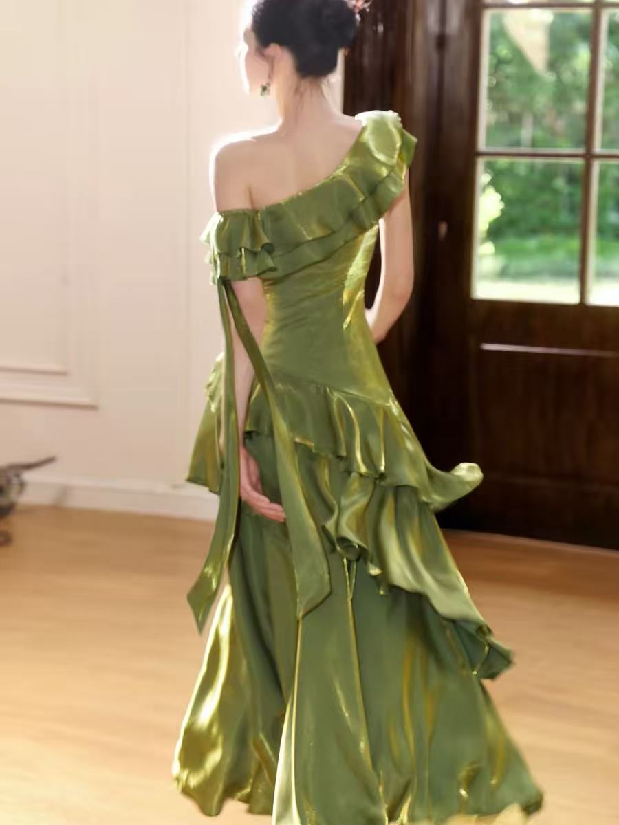 A-line One Shoulder Silk Green Long Prom Dress