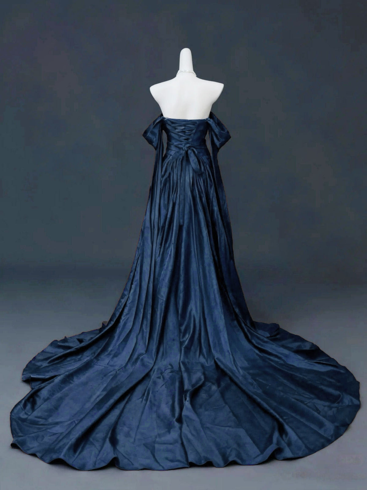 A-Line Off Shoulder Sweep Train Satin Dark Blue Long Prom Dress, Blue Evening Dress