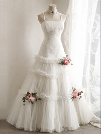 Elegant Sweep Train White Prom Dress with Layered Tulle Skirt
