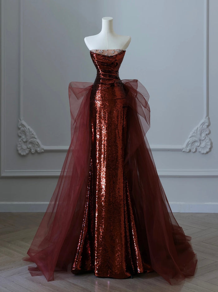 A-Line Floor Length Tulle Sequin Burgundy Prom Dress, Burgundy Party Dress