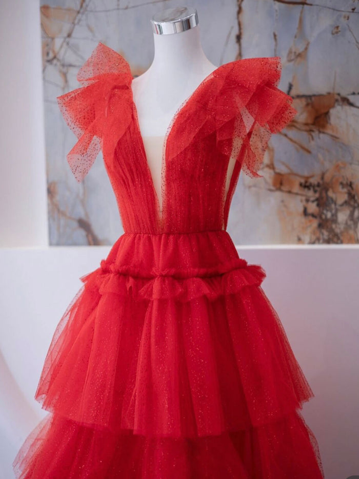 Elegant Red V-neck Lace Tulle A-line Floor Length Long Prom Dress