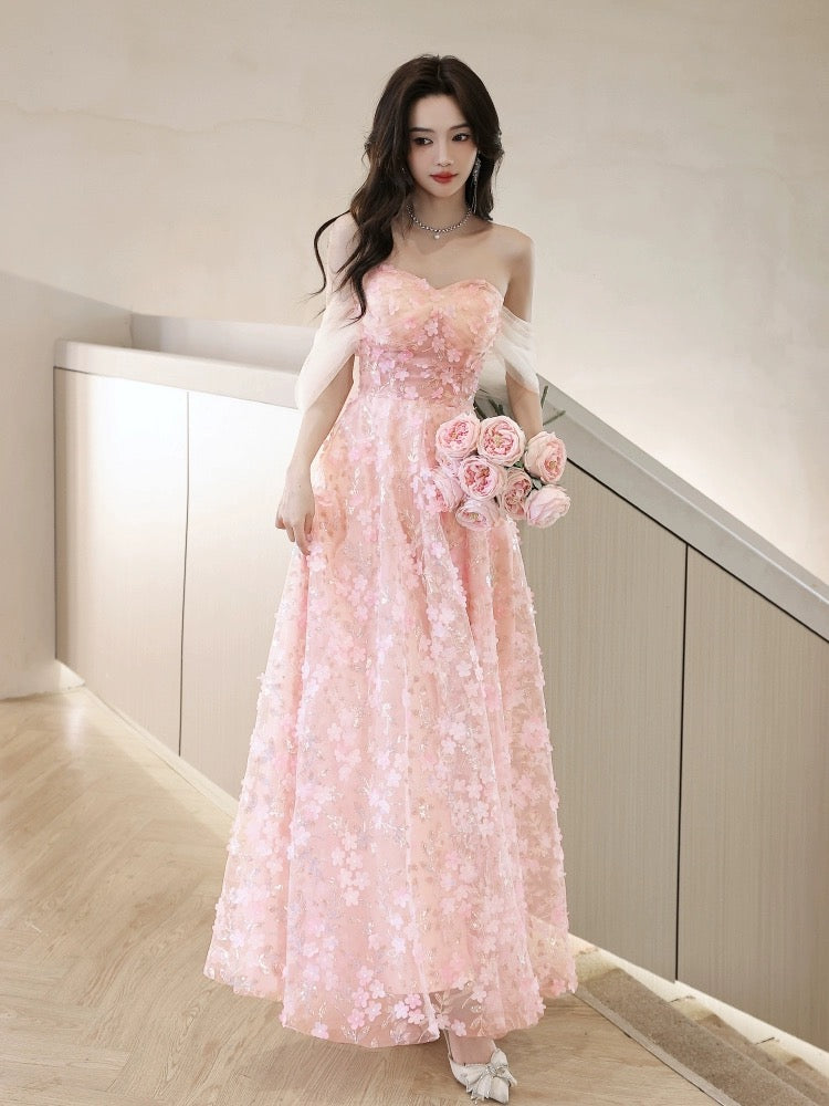 A-Line Off Shoulder Tulle Lace Pink Long Prom Dress, Pink Long Formal Dress