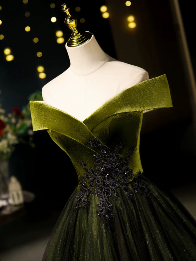 A-Line Off Shoulder Velvet Tulle Green Long Prom Dress, Green Long Formal Dress