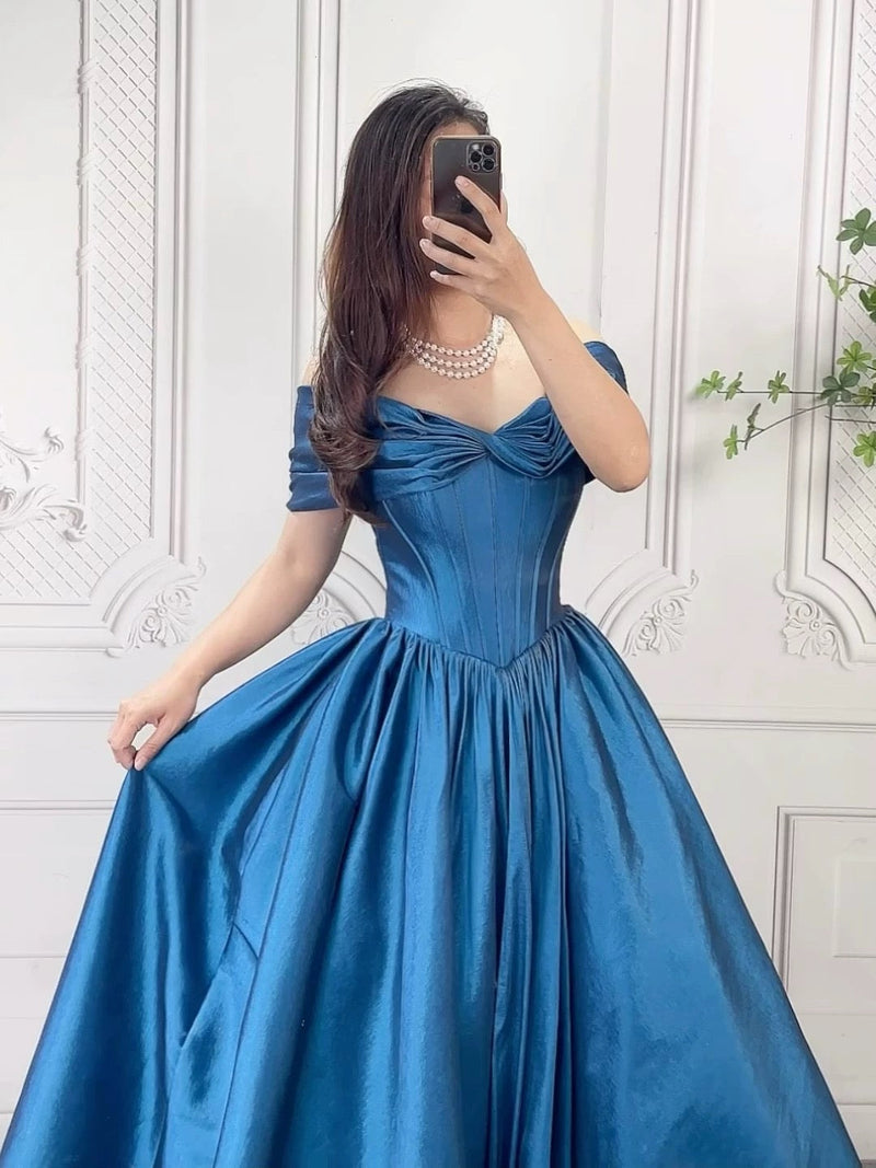 Off Shoulder Blue Long Prom Dress, A-Line Blue Long Formal Dress