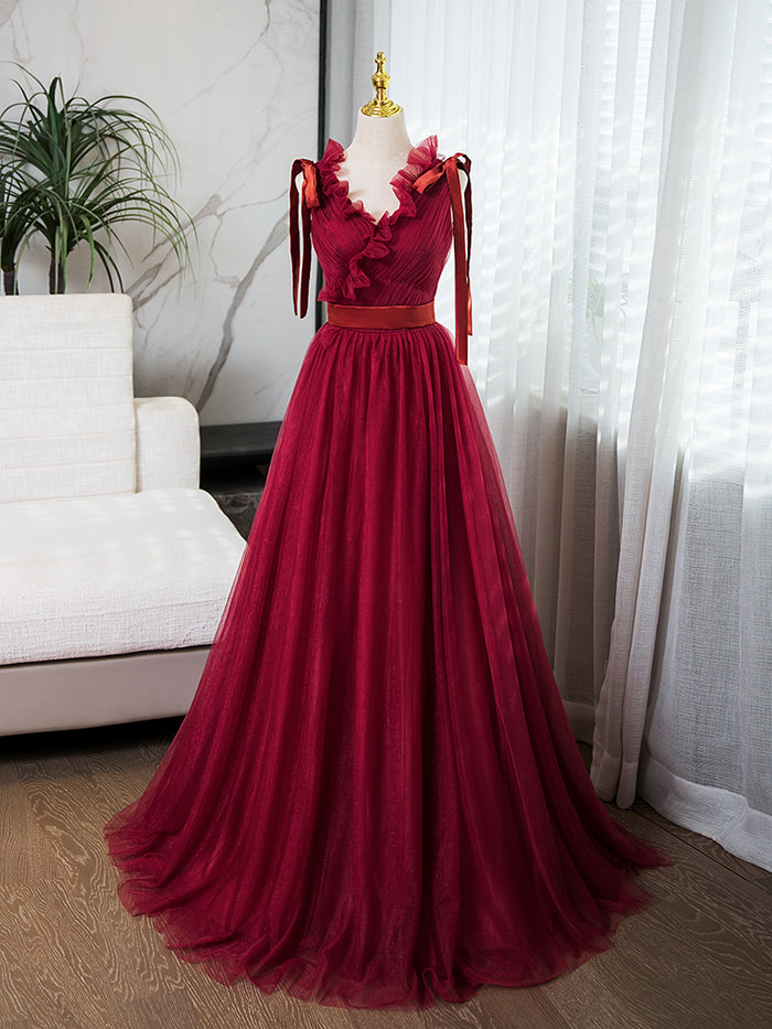 A-Line V Neck Tulle Burgundy Long Prom Dress, Burgundy Long Evening Dress