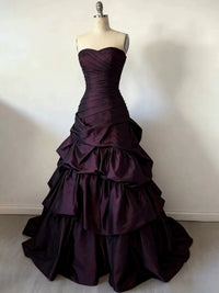 A-Line Sweetheart Neck Taffeta Ruffles Maroon Long Prom Dress