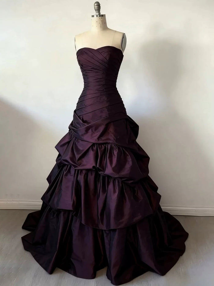 A-Line Sweetheart Neck Taffeta Ruffles Maroon Long Prom Dress