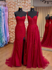 Unique Sweetheart Neck Tulle Lace Floor Length Burgundy Prom Dress