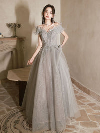 Gray Tulle Sequin Long Prom Dress