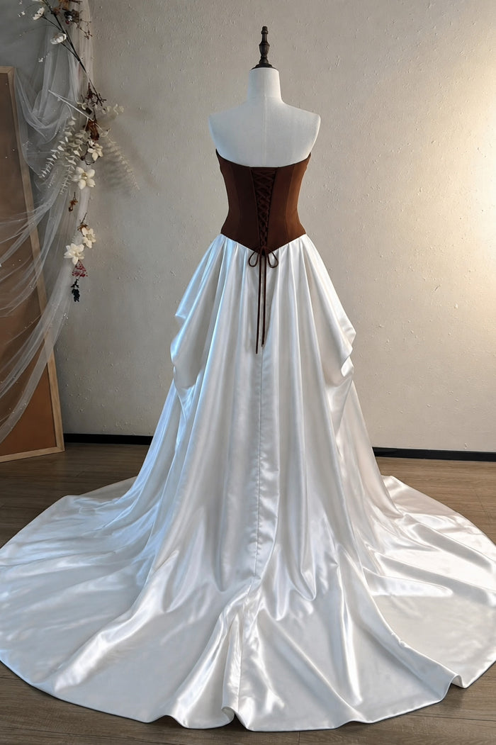 A-line Satin Sweep Train White/Brown Long Prom Dress