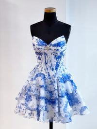 A-line V Neck Chiffon Blue Short Prom Dress, Blue Homecoming Dress