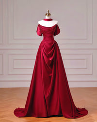 A-Line Spoon Neck off Shoulder  Burgundy Long Prom Dress