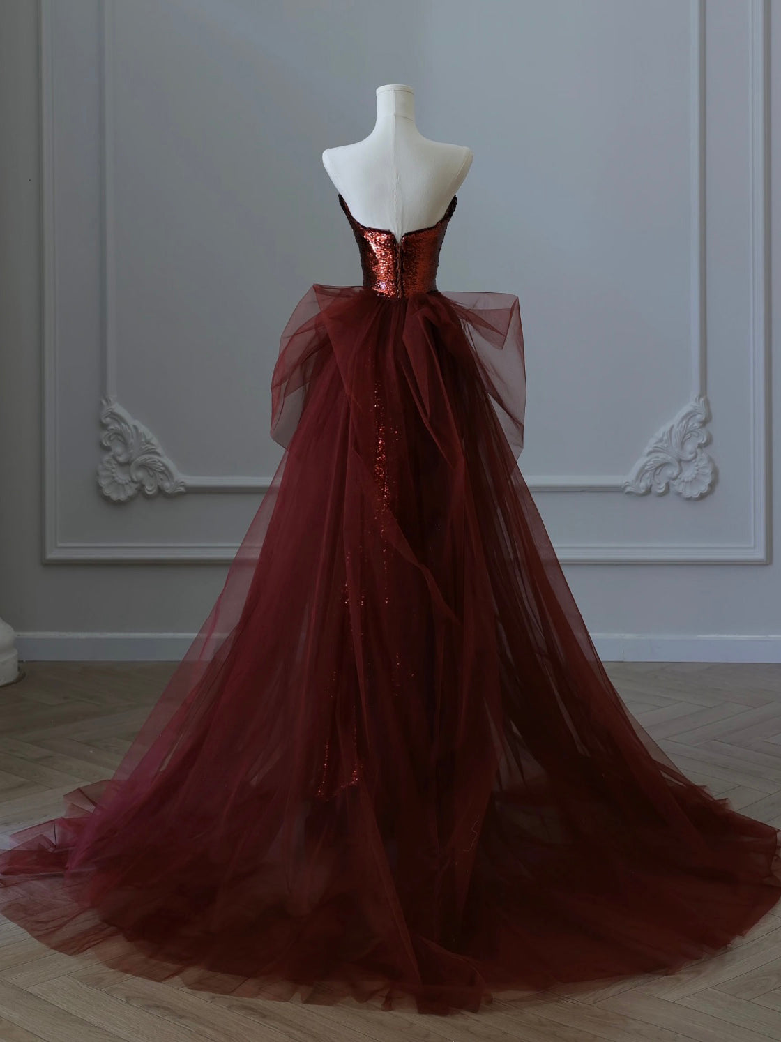 A-Line Floor Length Tulle Sequin Burgundy Prom Dress, Burgundy Party Dress